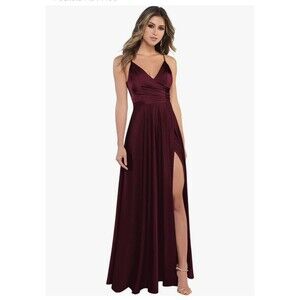 Women's V Neck Satin Bridesmaid Dresses with Slit Spaghetti Straps Formal...